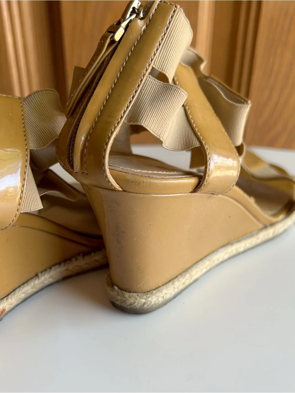 Fendi Patent Leather T-Strap Wedge Sandals Tan Beige EU 35.5